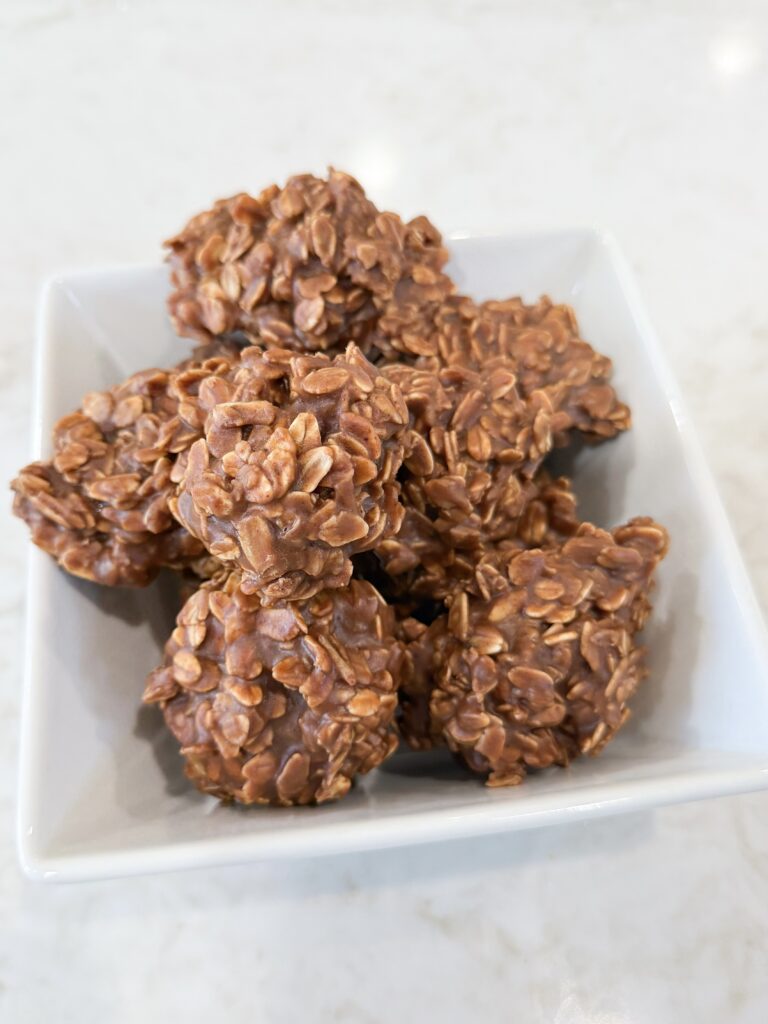 Chocolate no-bake cookies in a dish