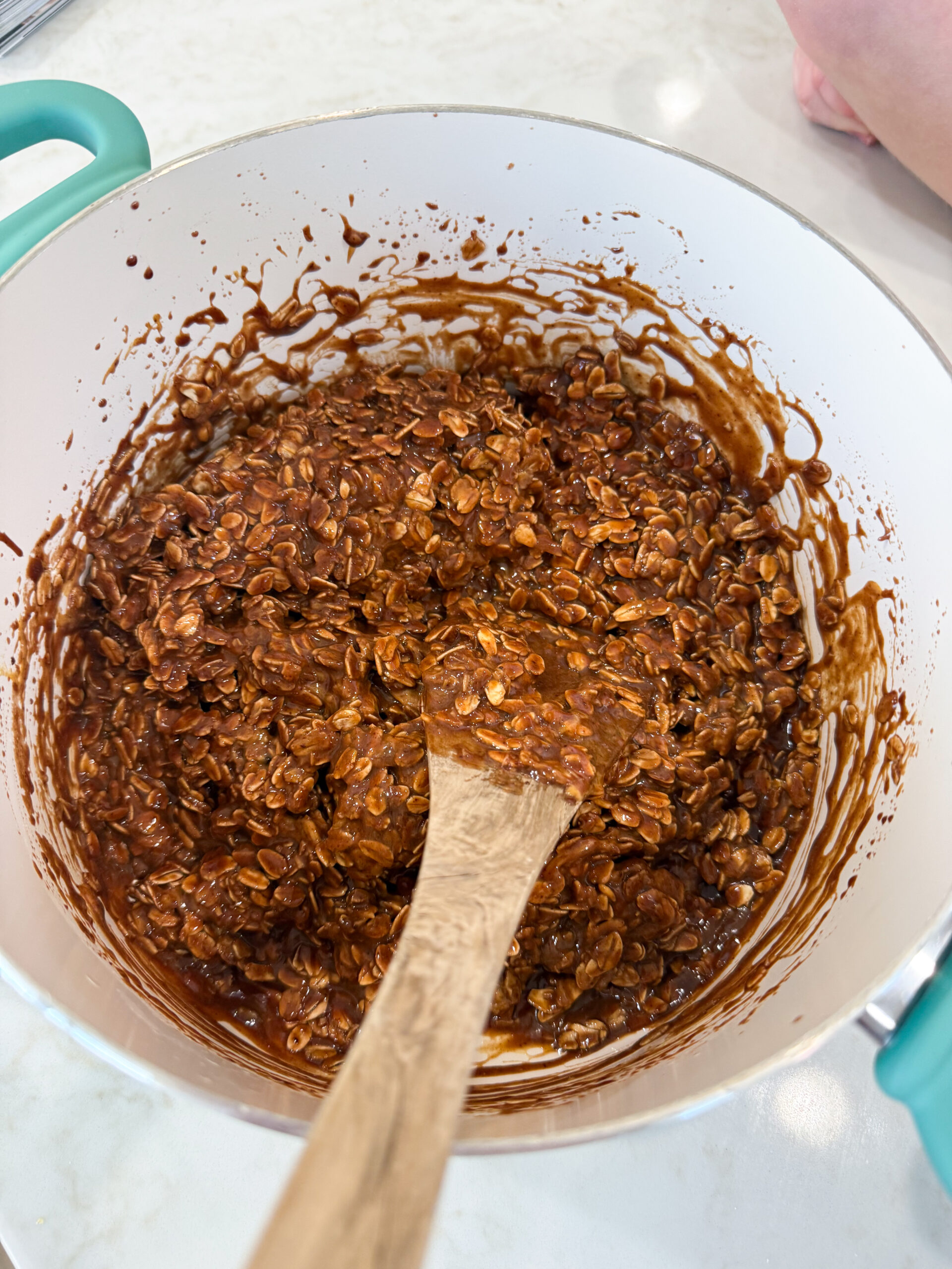 Peanut butter added to the No-Bake Cookie mixture in a bowl