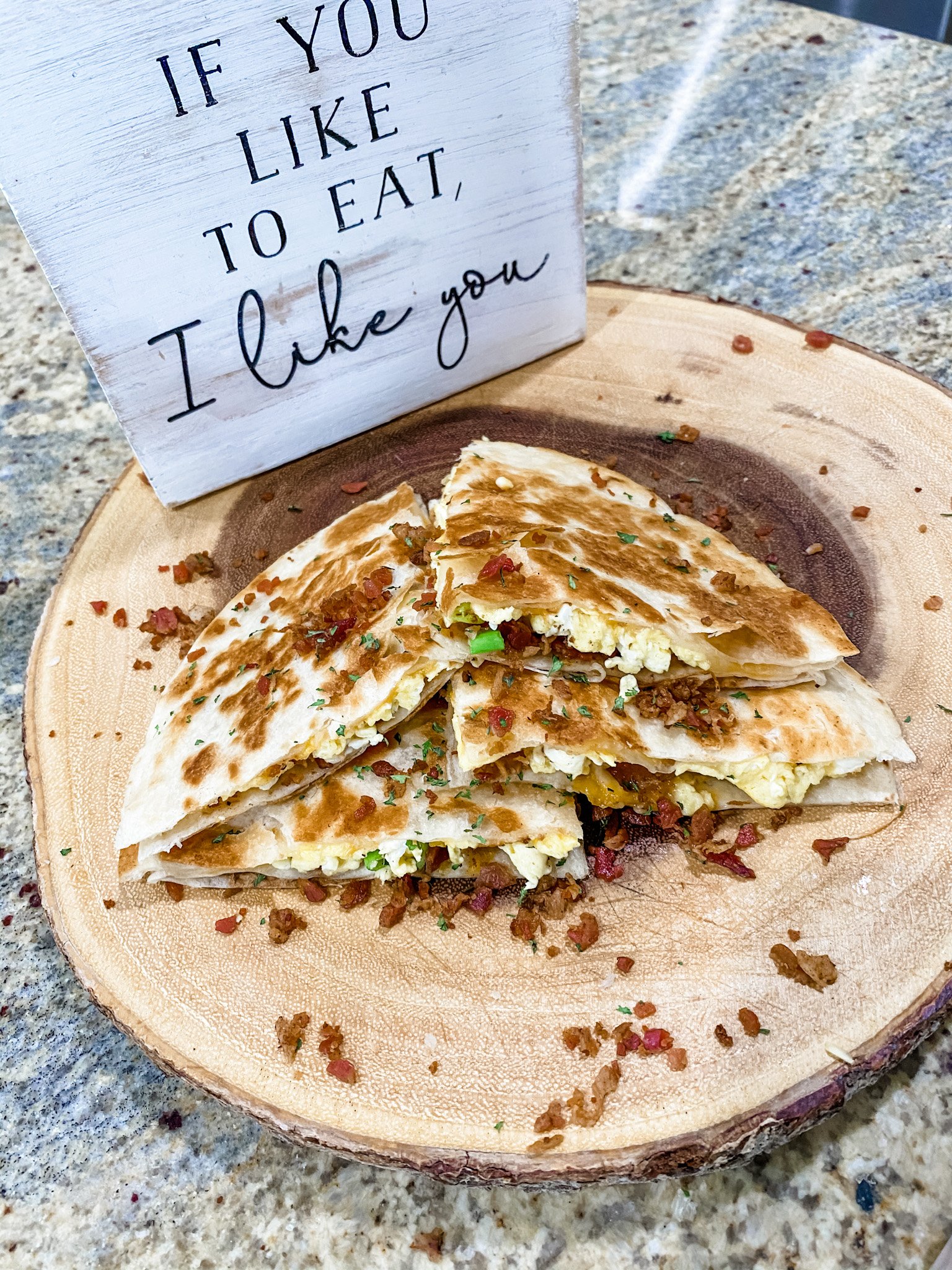 crispy breakfast quesadilla sliced in wedges