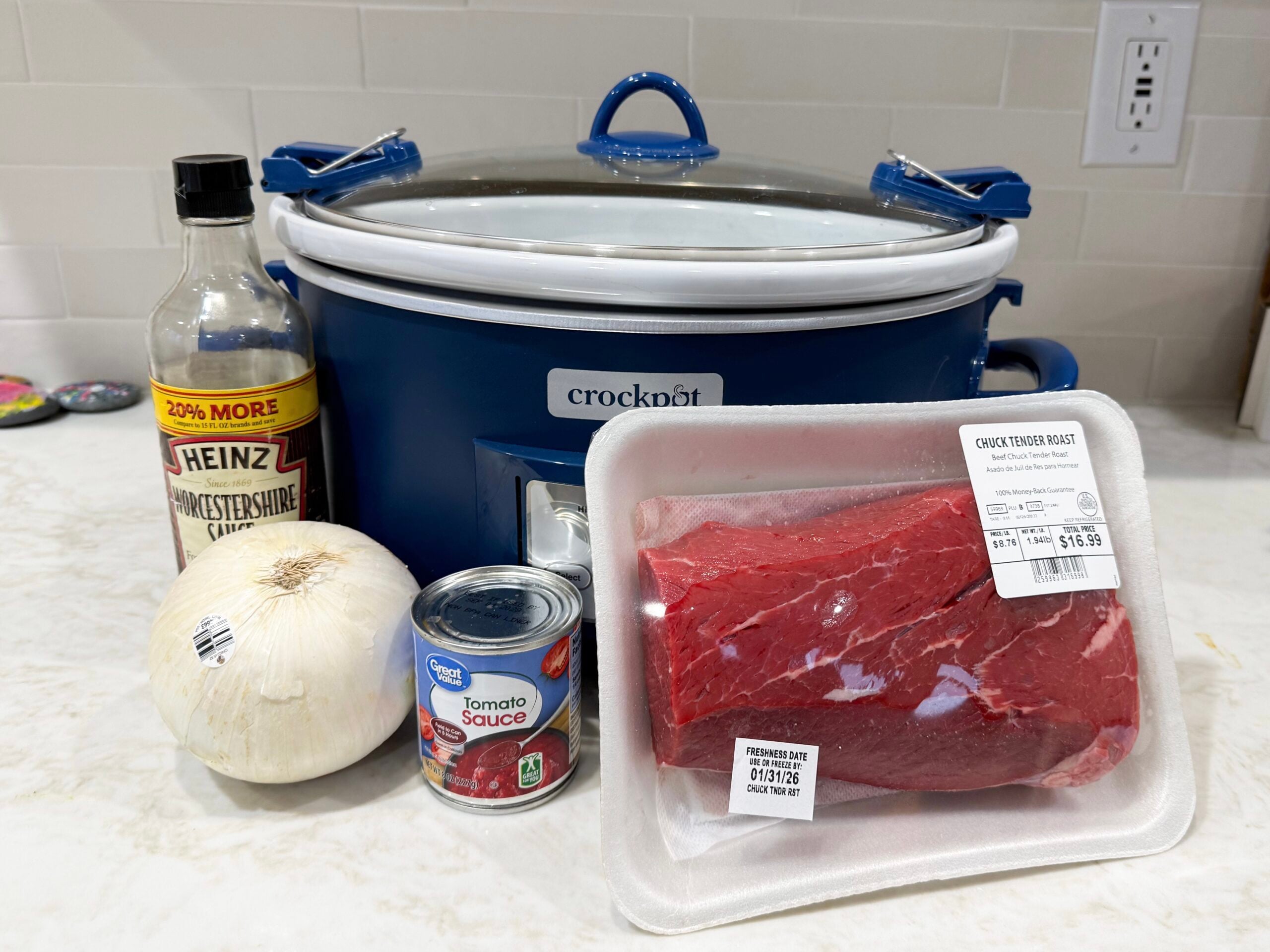 ingredients for french onion pot roast on a counter