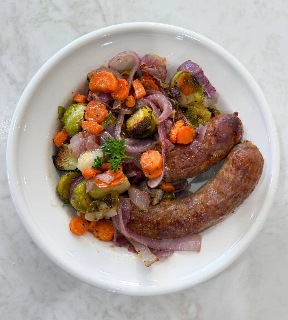 plated sheet pan Italian sausages and veggies