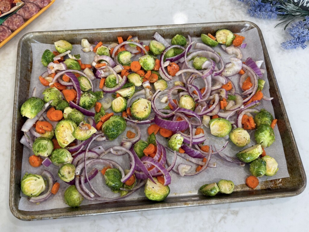 sheet pan Italian sausages and veggies prepared