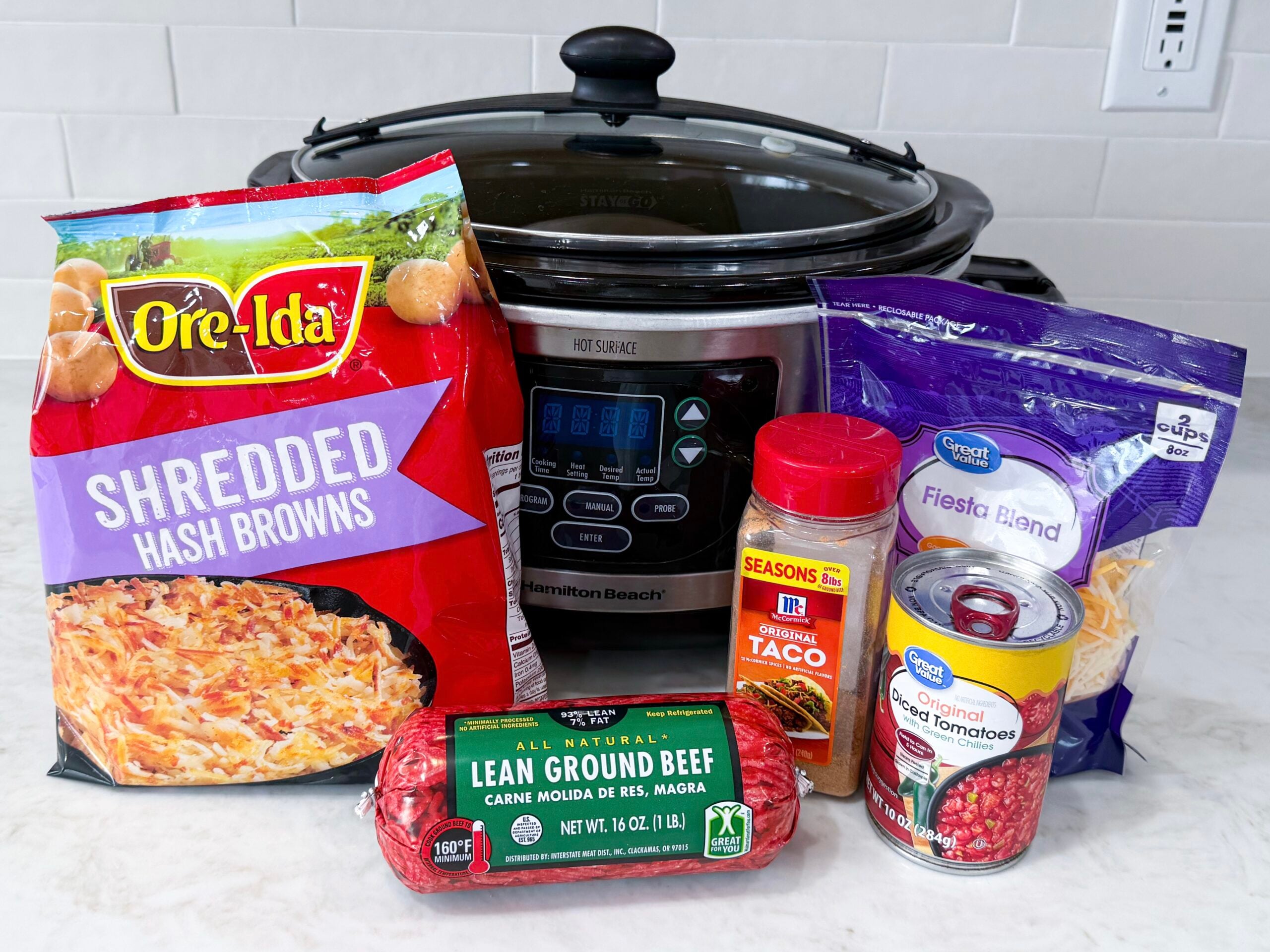ingredients for slow cooker potato taco casserole on a counter