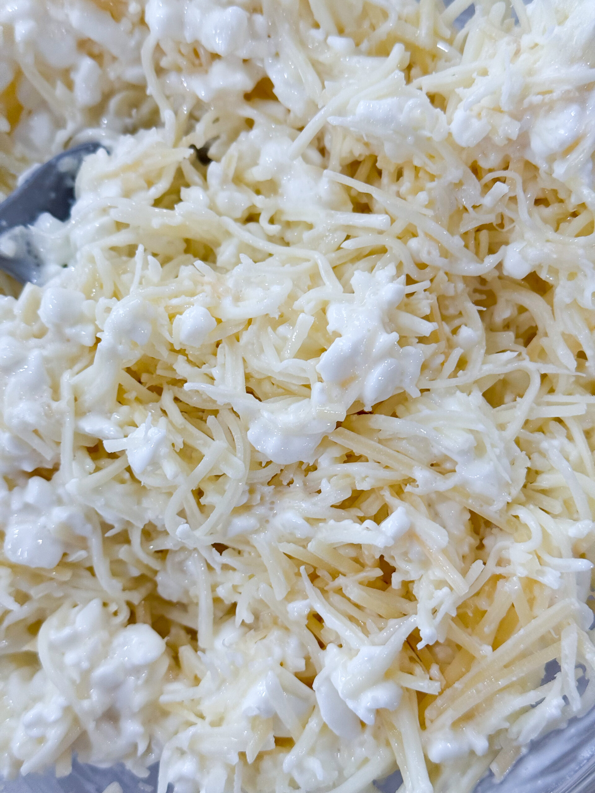 Cottage cheese, parmesan, and mozzarella mix in a bowl