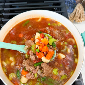 Bowl of hearty ground beef and vegetable soup