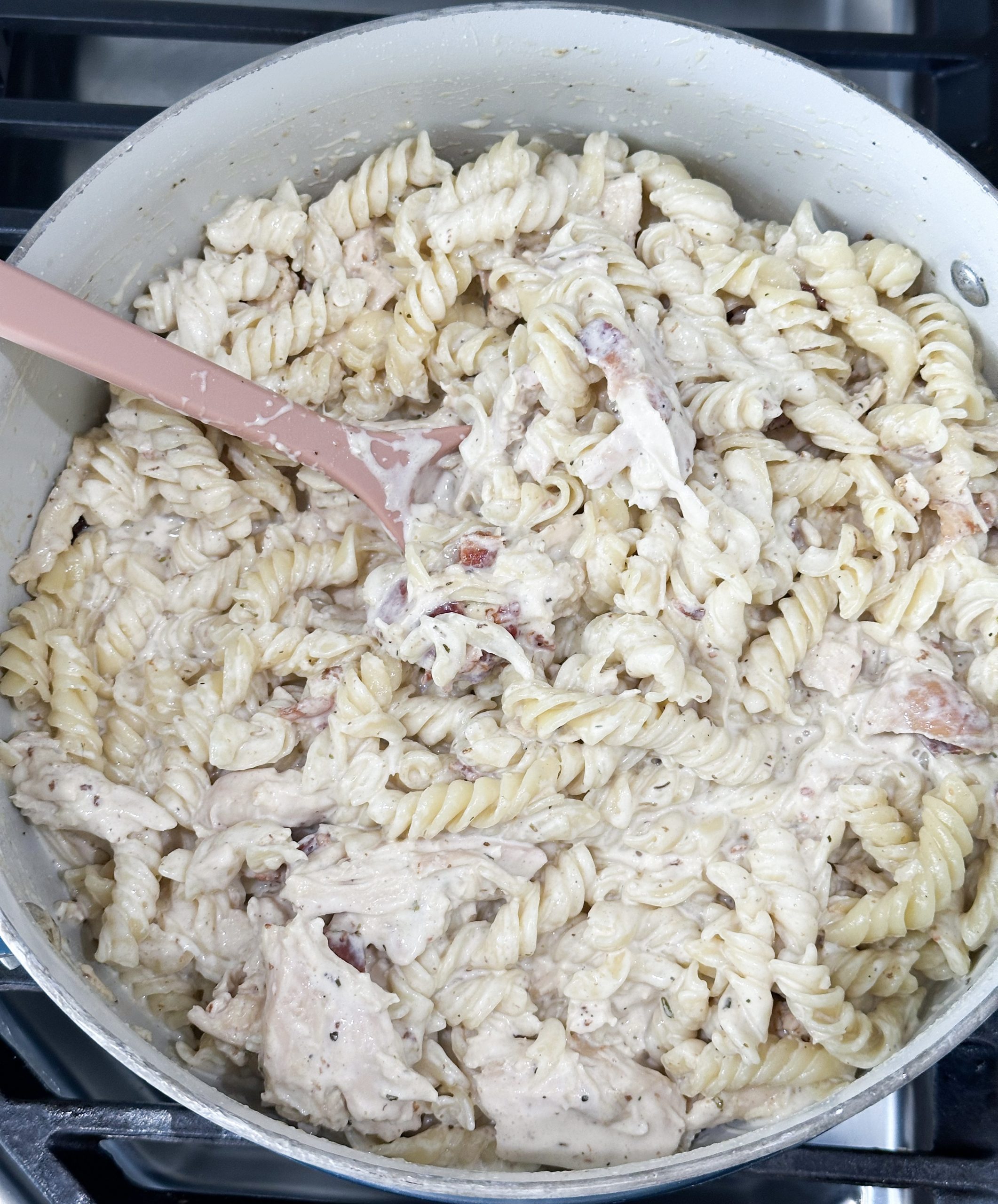 pasta stirred into creamy sauce