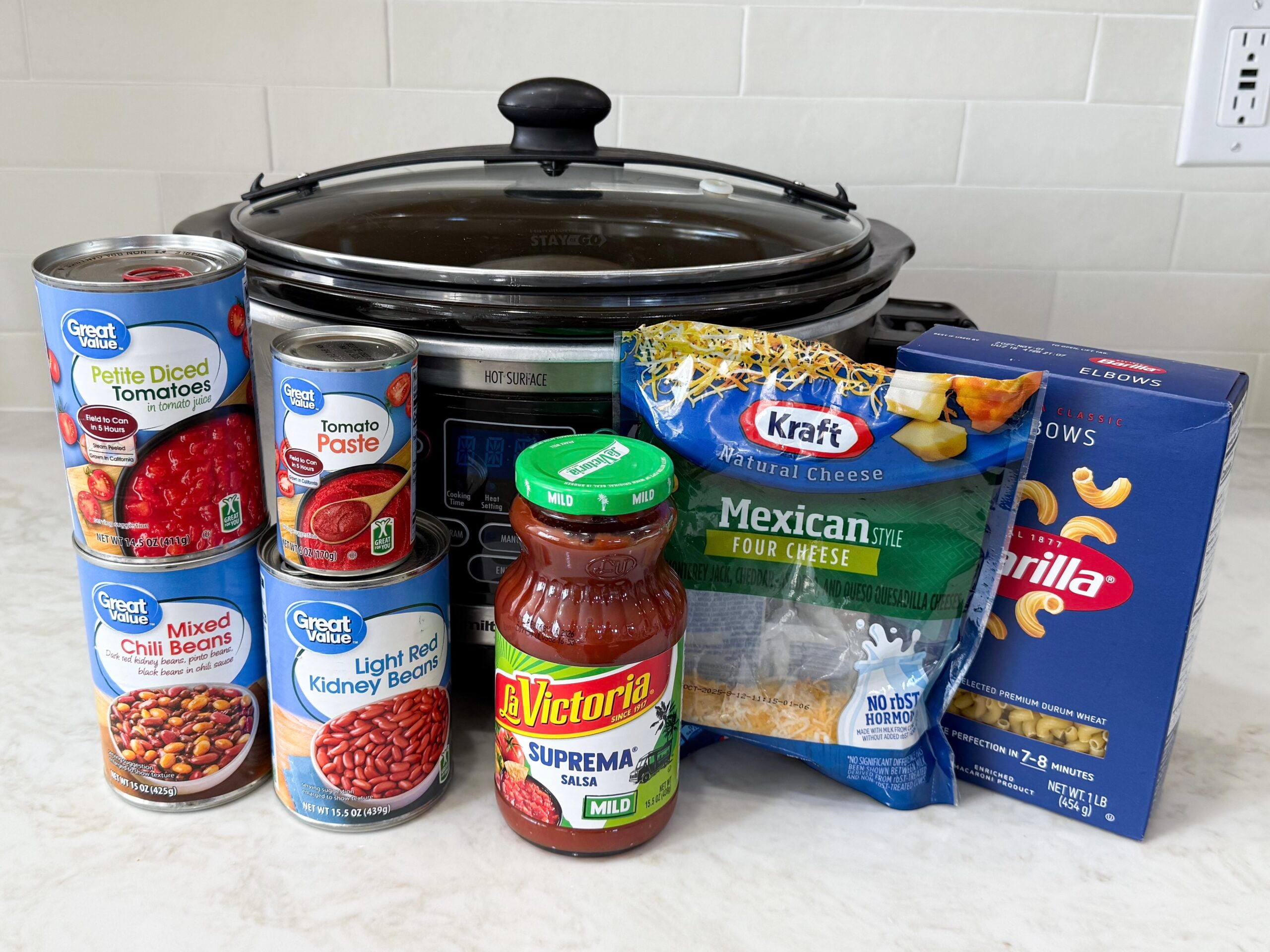 Ingredients for meatless chili mac on counter