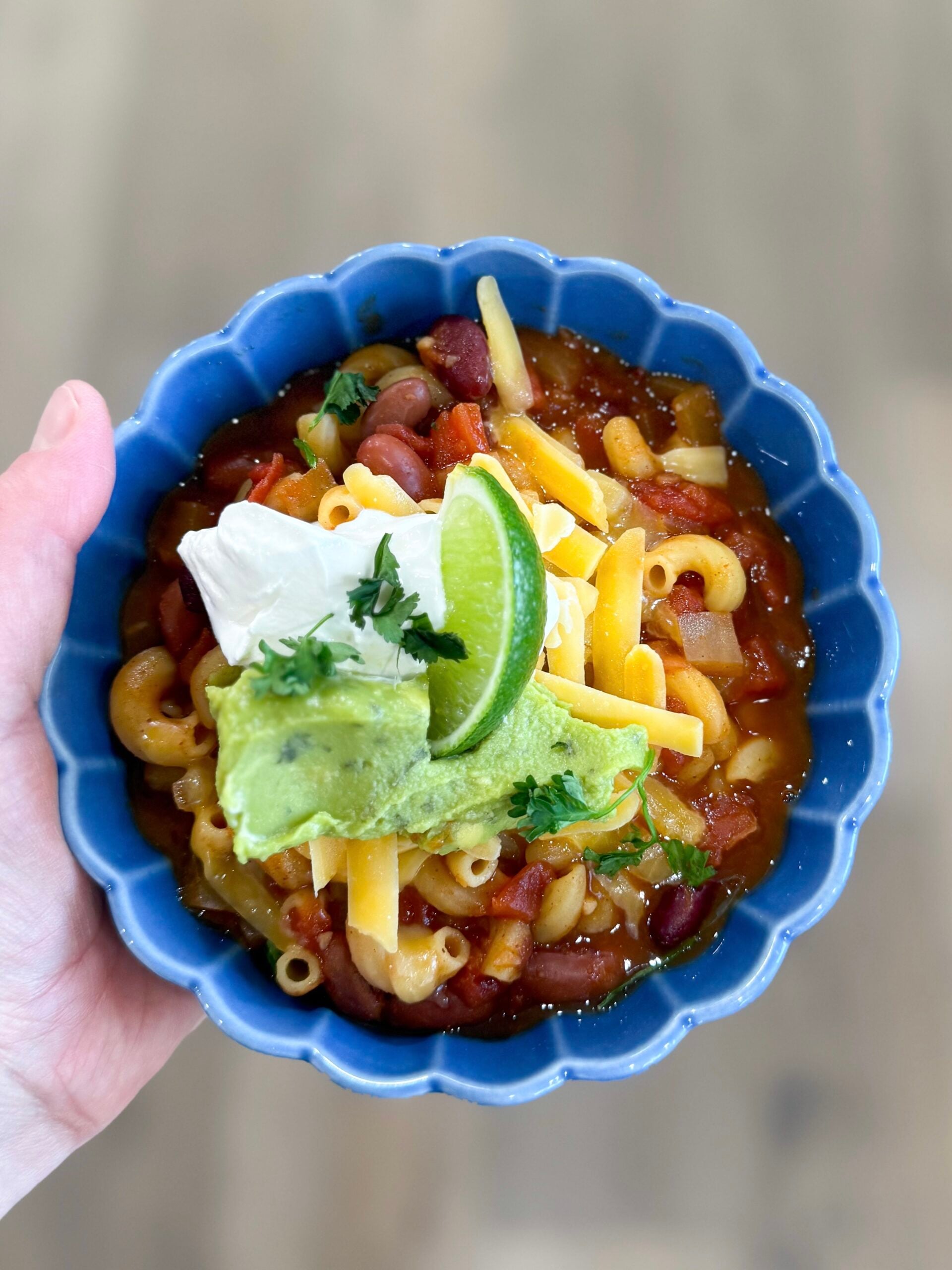 meatless chili mac with beans and pasta cooked in a slow cooker