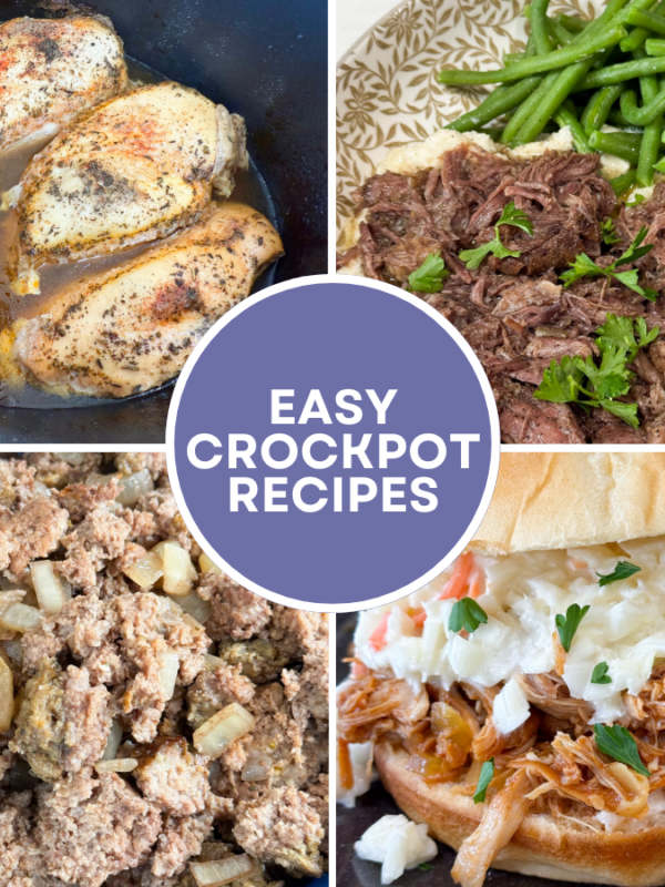 Says easy crcok pot recipes with 4 images of simple chicken and beef slow cooker recipes
