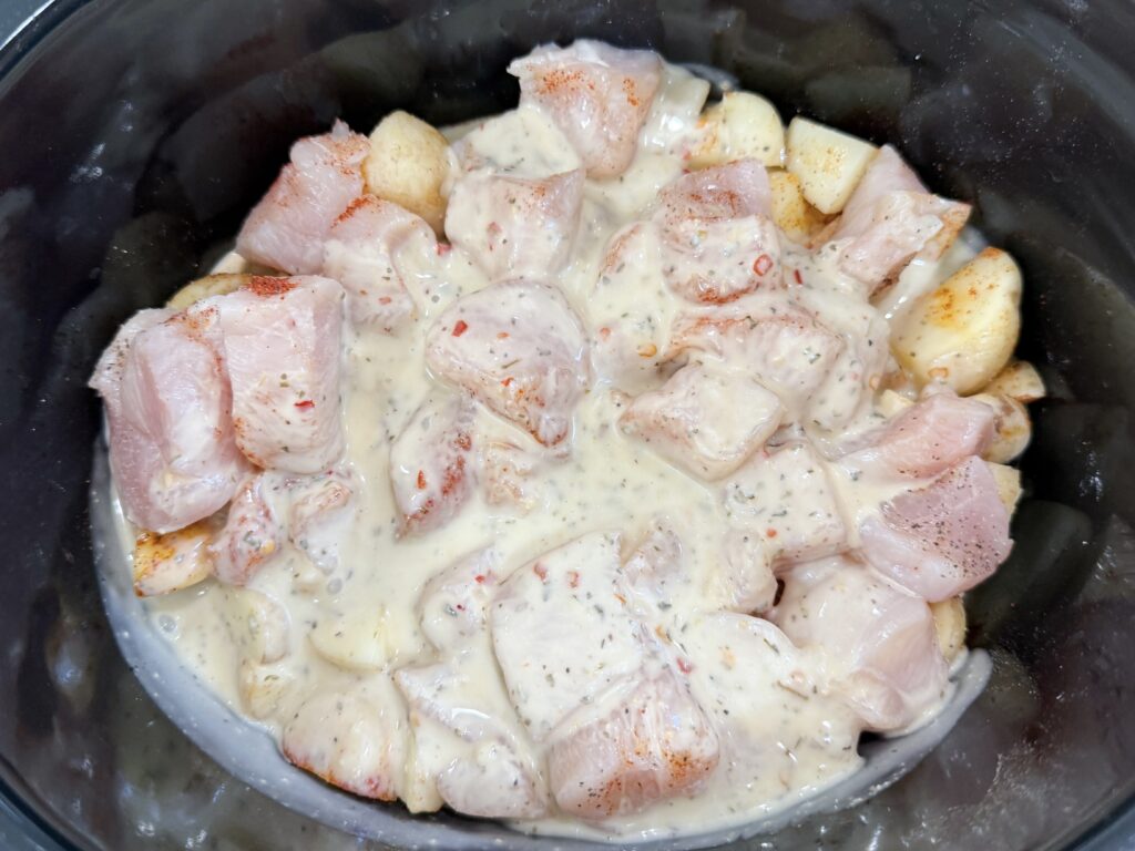 raw chicken with parmesan mixture over top in slow cooker
