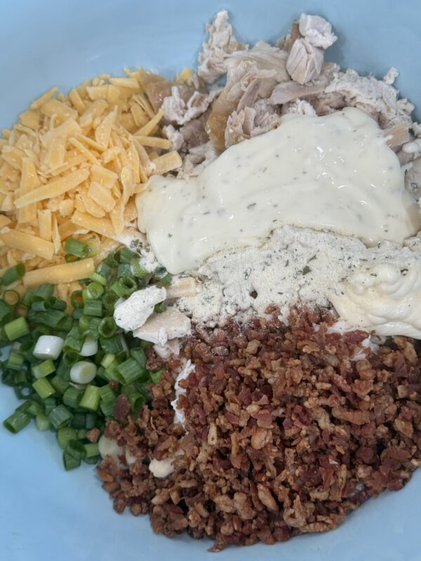 chicken bacon ranch ingredients in mixing bowl