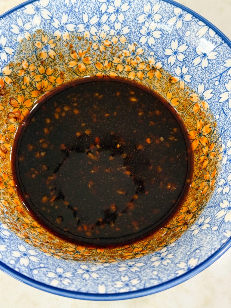 Sweet and Spicy sauce in a blue and white bowl