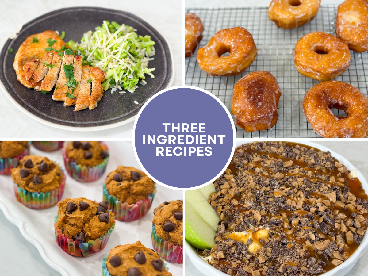 Easy 3-ingredient recipes including juicy pork chops on a plate, homemade pumpkin muffins on a tray, simple glazed donuts on a cooling rack, and creamy caramel apple dip in a bowl.