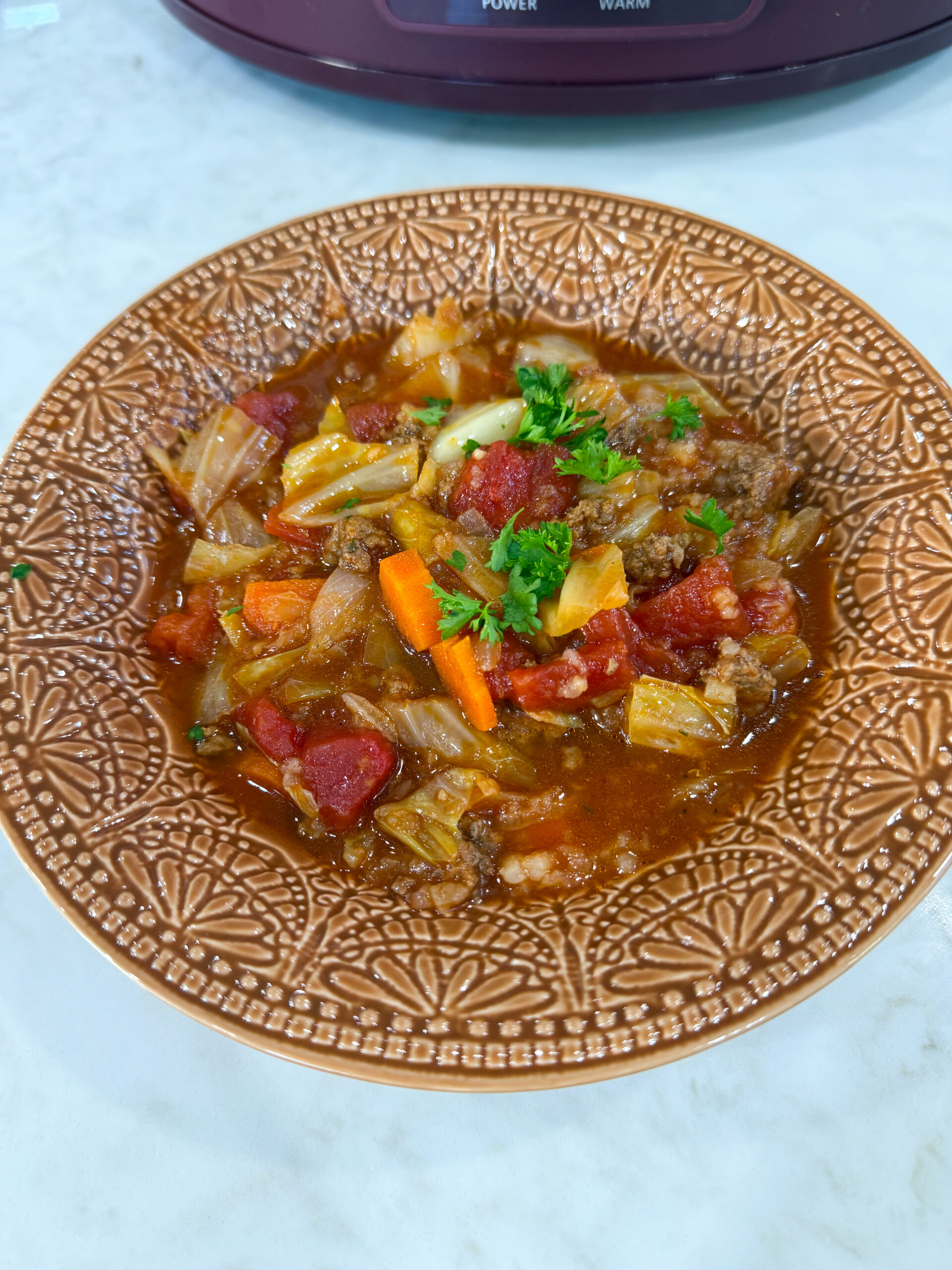 slow cooker cabbage roll casserole served in a bowl