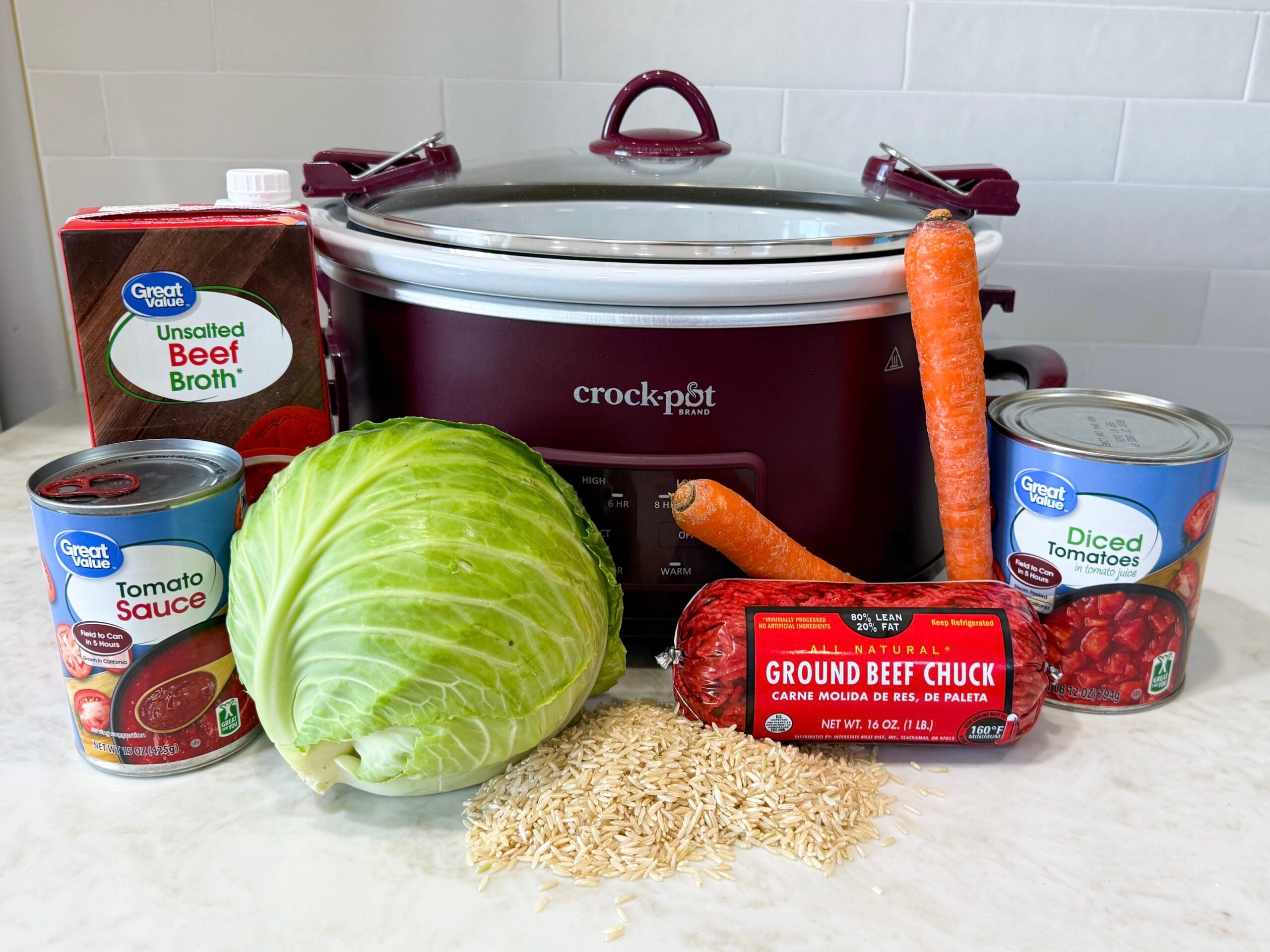 ingredients for slow cooker cabbage roll casserole laid out on the counter