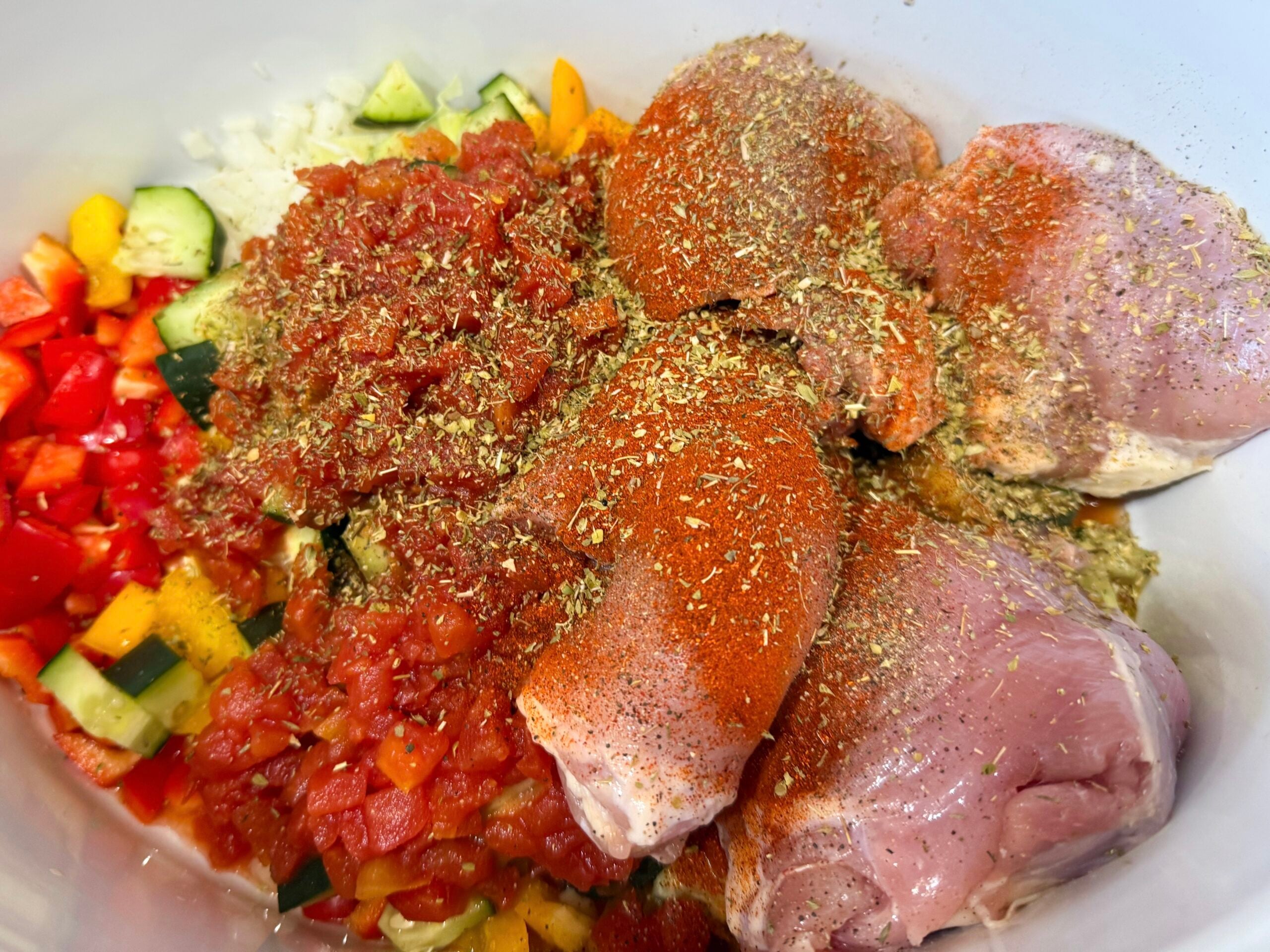 all of the ingredients added to slow cooker