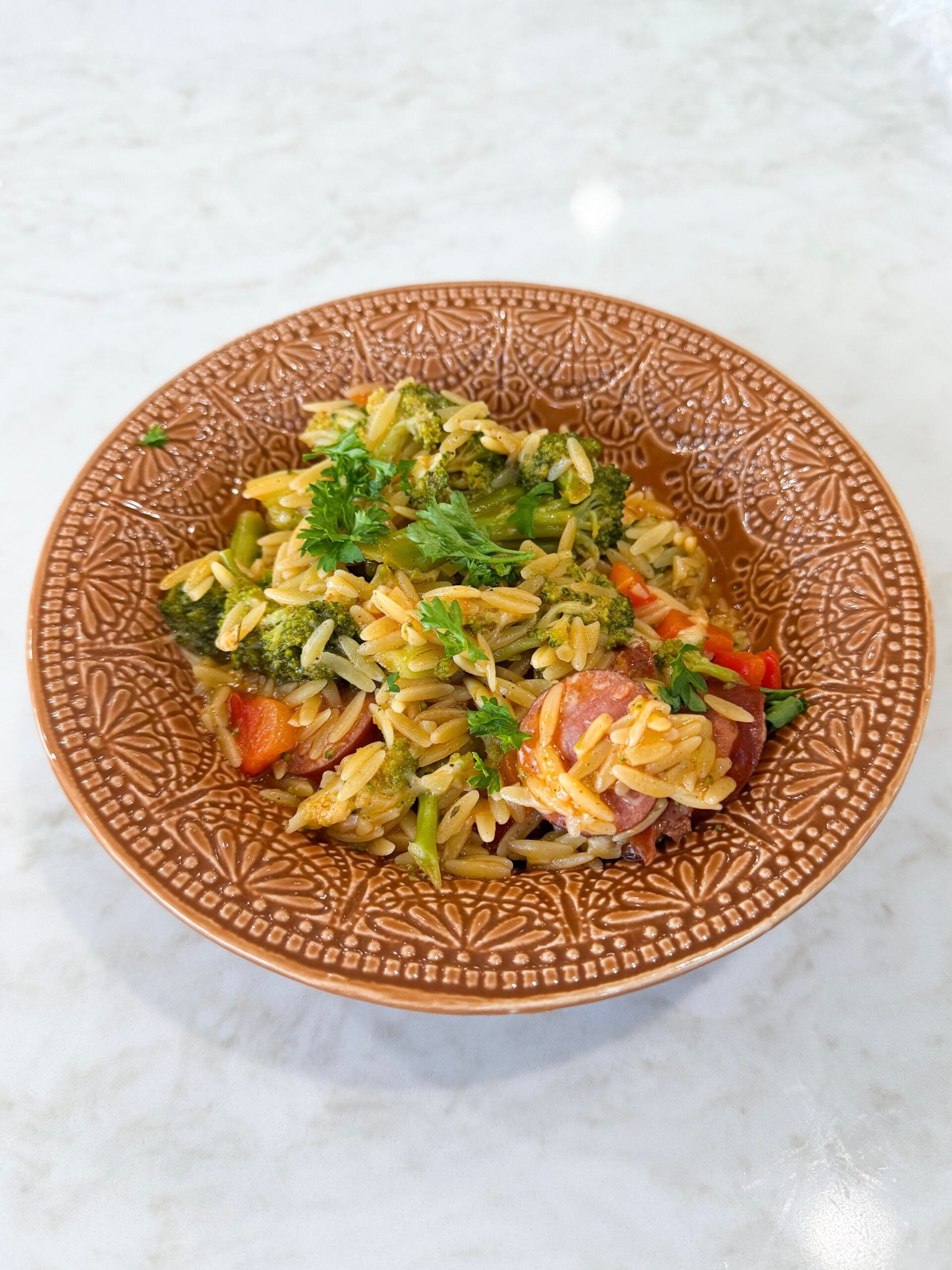 one-pot orzo with kielbasa and vegetables