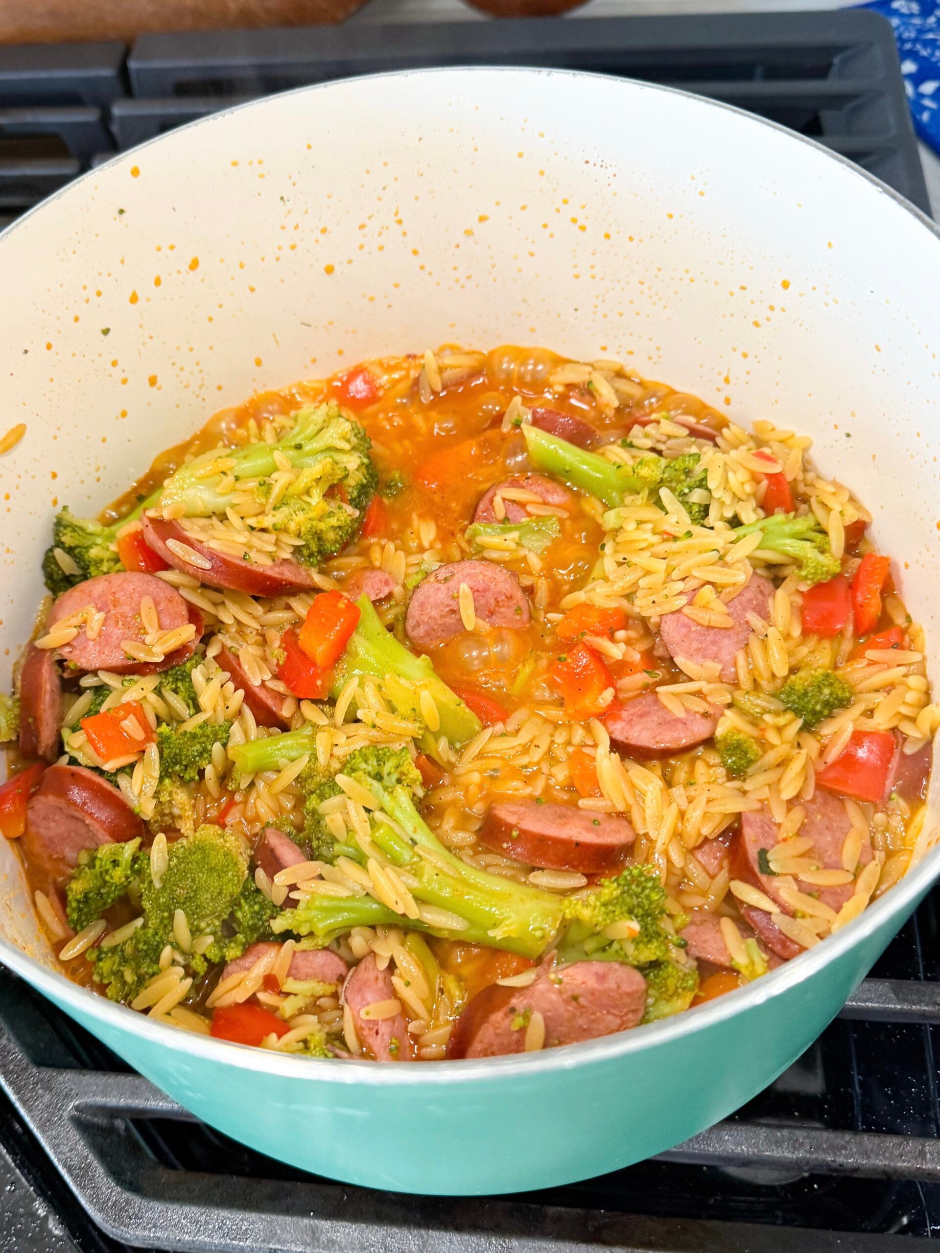 finished one-pot orzo with kielbasa