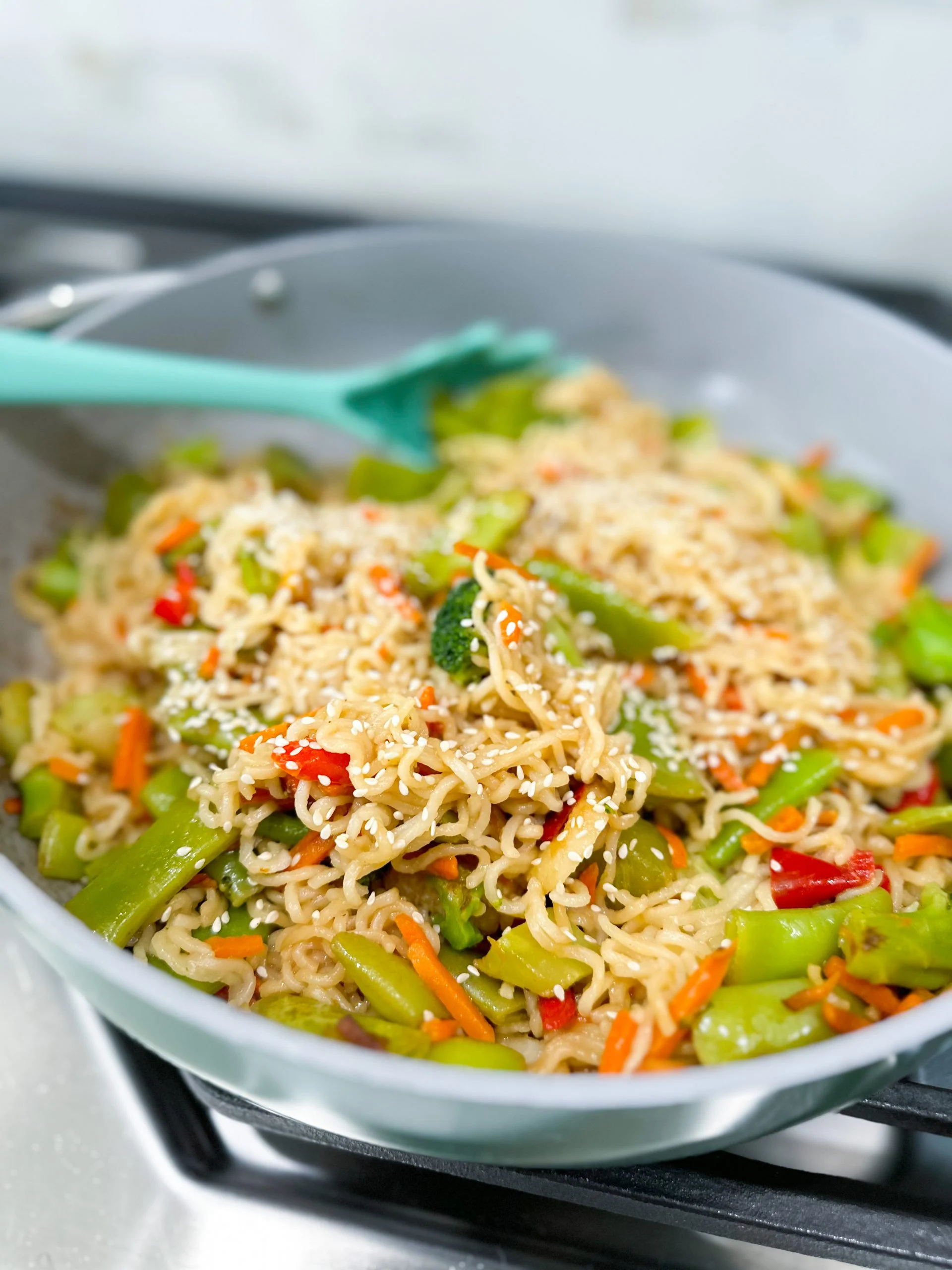 Ramen Noodle stir fry finished on the stove