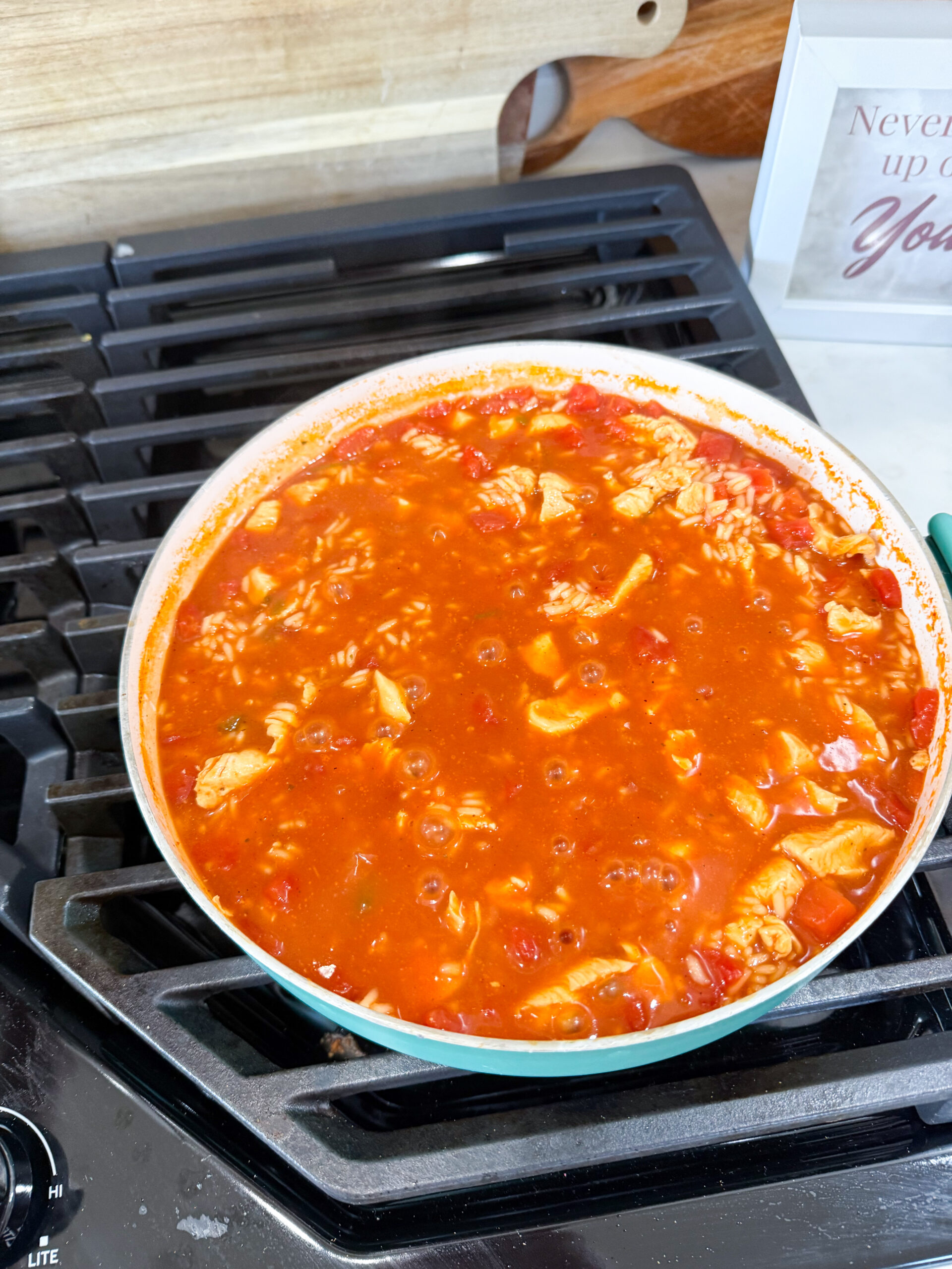rice and broth added to skillet